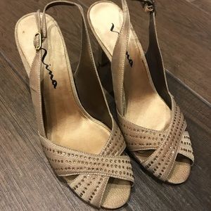 Nina Gold Metallic and Rhinestone Sling-backs